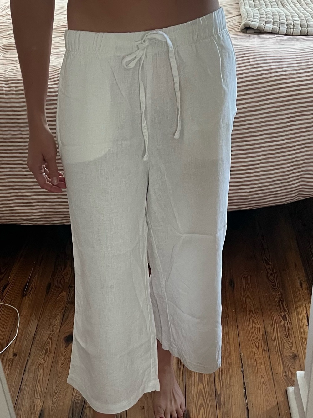 Nine West White Linen Blend Drawstring Crop Pants PL